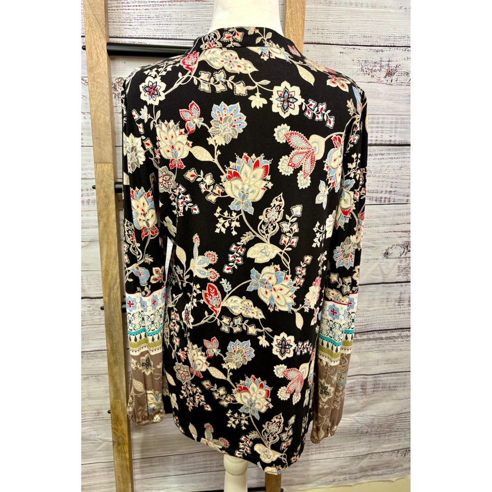 Belle Boho Kim Gravel Black Floral Paisley Split Neck Long Sleeve Top XS - Picture 10 of 10